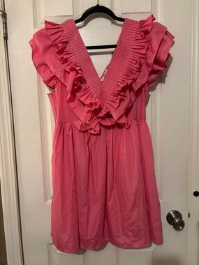 Pink Ruffle-Trim V-Neck Dress